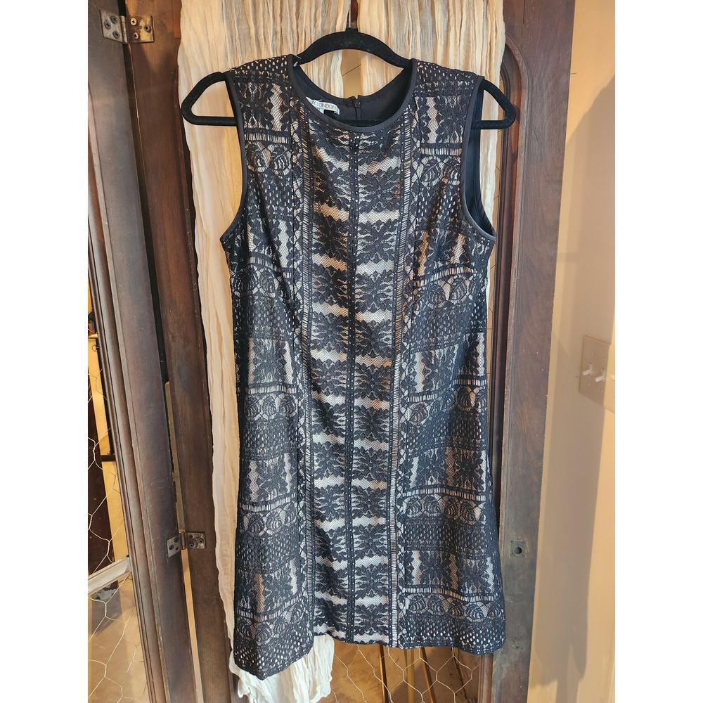 Maggy London‎ Dress Black Lace Tan Underlay Sleeveless Sheath Womens 10